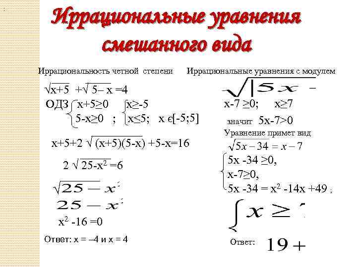 : Иррациональные уравнения смешанного вида Иррациональность четной степени Иррациональные уравнения с модулем √х+5 +√