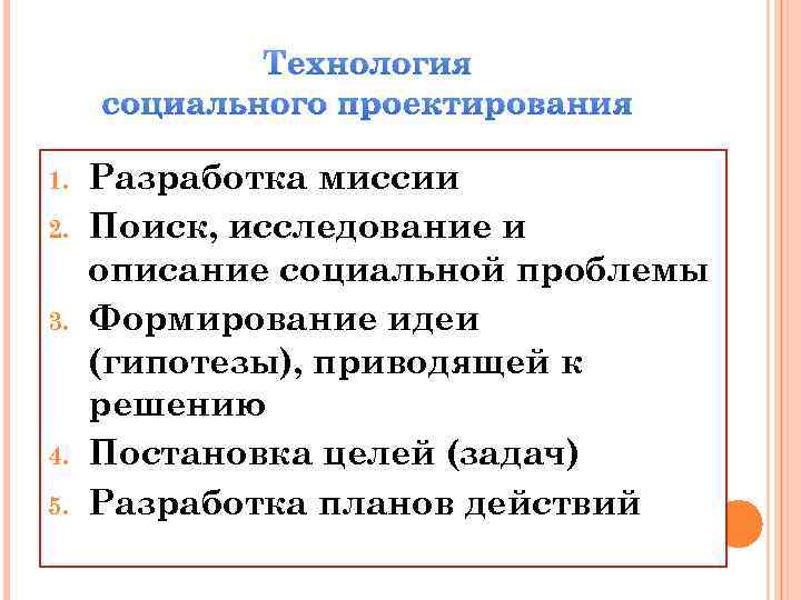 Технология социального проектирования 1. 2. 3. 4. 5. Разработка миссии Поиск, исследование и описание