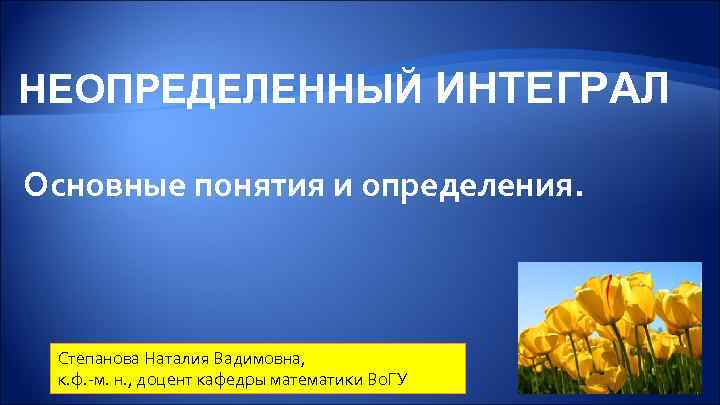 НЕОПРЕДЕЛЕННЫЙ ИНТЕГРАЛ Основные понятия и определения. Степанова Наталия Вадимовна, к. ф. -м. н. ,