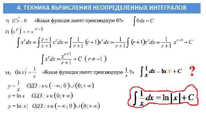 4. ТЕХНИКА ВЫЧИСЛЕНИЯ НЕОПРЕДЕЛЕННЫХ ИНТЕГРАЛОВ «Какая функция имеет производную 0? » «Какая функция имеет