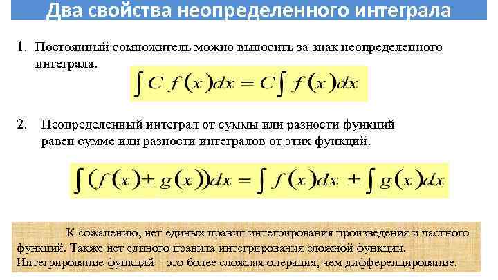 Два свойства неопределенного интеграла 1. Постоянный сомножитель можно выносить за знак неопределенного интеграла. 2.