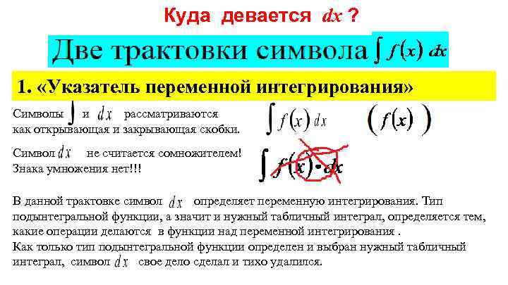 Куда девается dx ? 1. «Указатель переменной интегрирования» Символы и рассматриваются как открывающая и