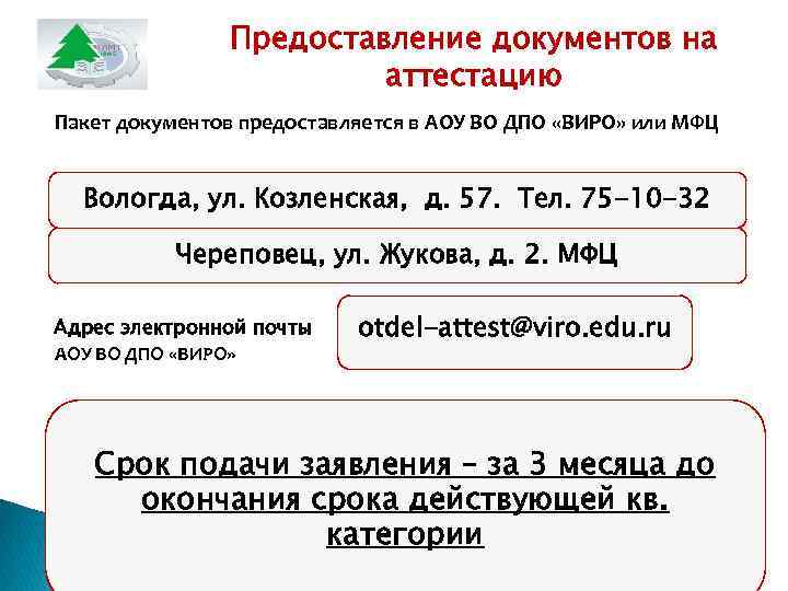 Предоставление документов на аттестацию Пакет документов предоставляется в АОУ ВО ДПО «ВИРО» или МФЦ