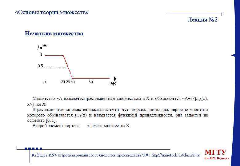  «Основы теории множеств» Лекция № 2 Нечеткие множества Кафедра ИУ 4 «Проектирование и
