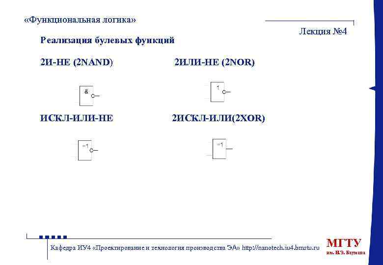  «Функциональная логика» Реализация булевых функций 2 И-НЕ (2 NAND) 2 ИЛИ-НЕ (2 NOR)