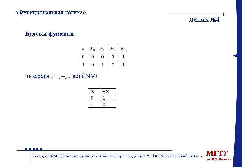  «Функциональная логика» Лекция № 4 Булевы функции инверсия (¬ , –, , не)