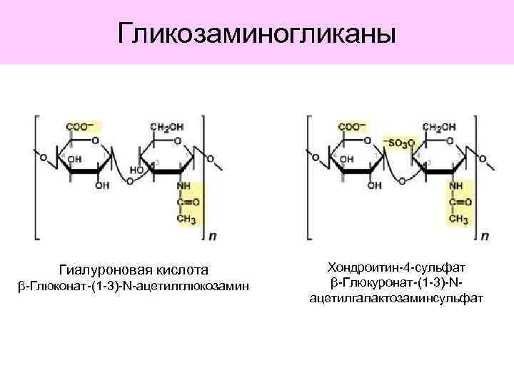 Гликозаминогликаны Гиалуроновая кислота β-Глюконат-(1 -3)-N-ацетилглюкозамин Хондроитин-4 -сульфат β-Глюкуронат-(1 -3)-Nацетилгалактозаминсульфат 