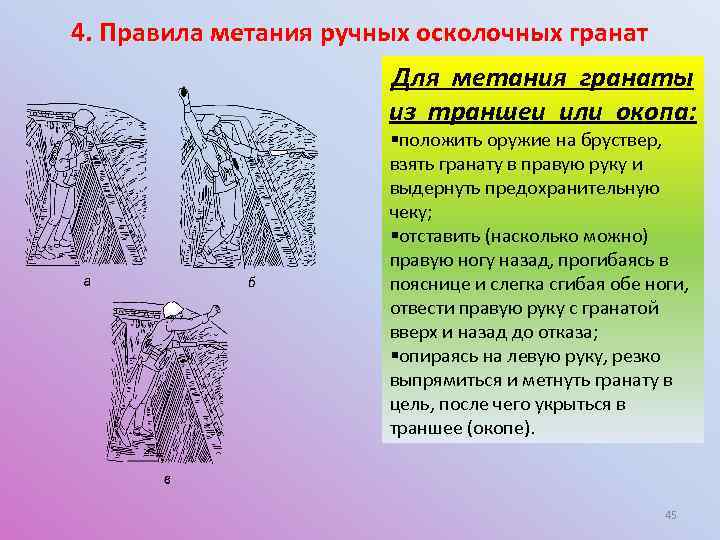 4. Правила метания ручных осколочных гранат Для метания гранаты из траншеи или окопа: §положить