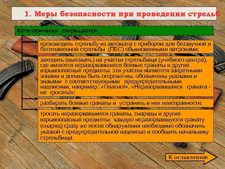 1. Меры безопасности проведении стрельб Категорически запрещается: производить стрельбу из автомата с прибором для