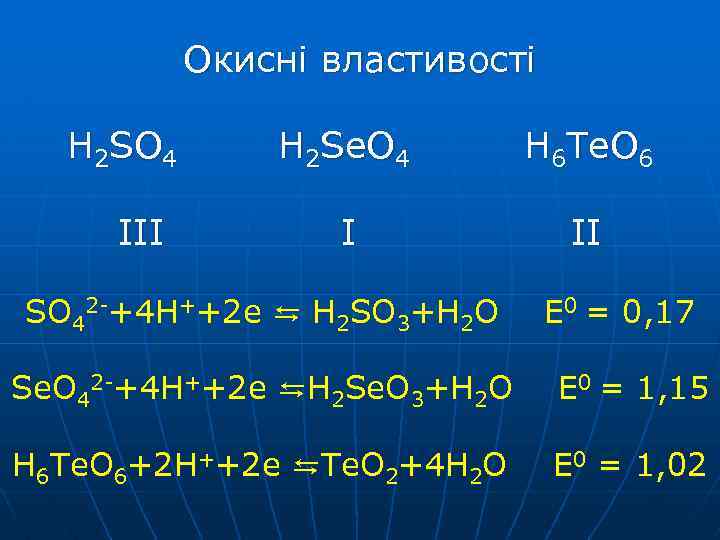 Окисні властивості H 2 SO 4 III H 2 Se. O 4 H 6