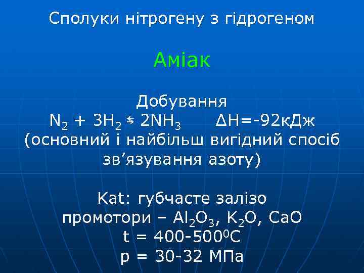 Сполуки нітрогену з гідрогеном Аміак Добування N 2 + 3 H 2 ⇆ 2