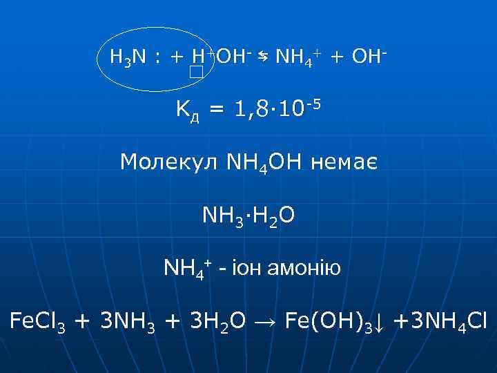 H 3 N : + H+OH- ⇆ NH 4+ + OH- Kд = 1,