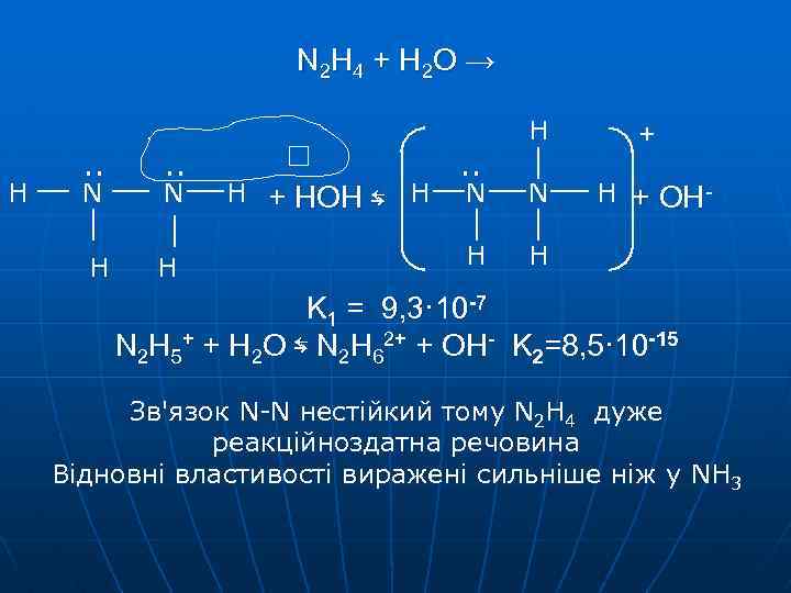 N 2 H 4 + H 2 O → H . . N N