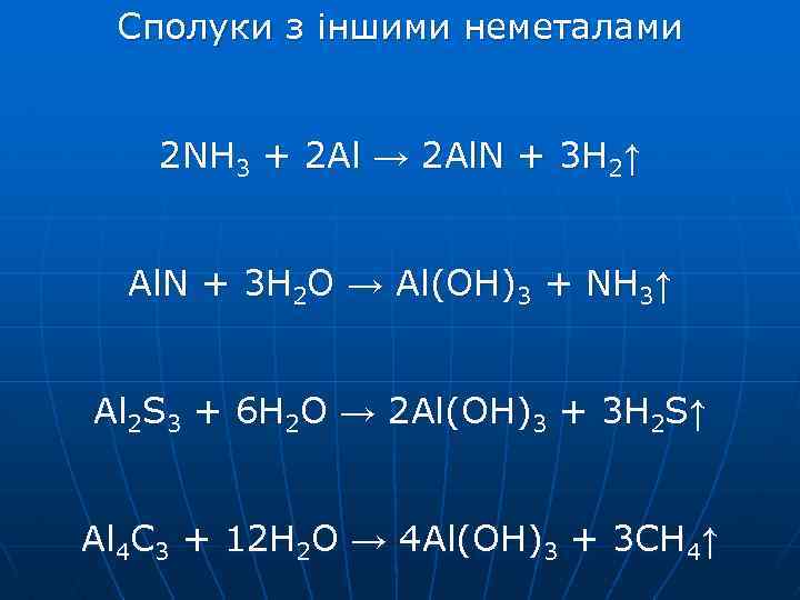 Сполуки з іншими неметалами 2 NH 3 + 2 Al → 2 Al. N