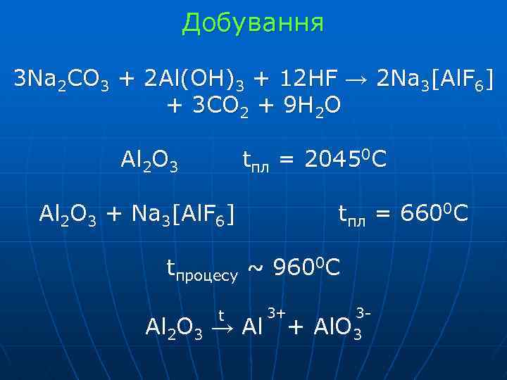 Добування 3 Na 2 CO 3 + 2 Al(OH)3 + 12 HF → 2