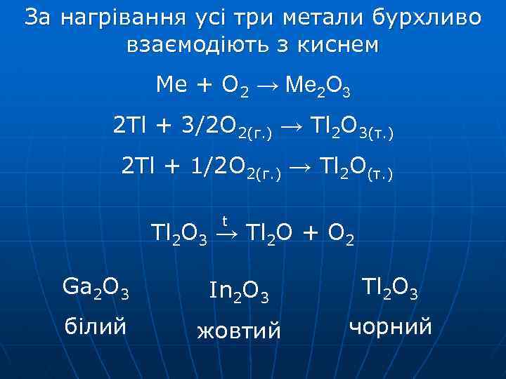 За нагрівання усі три метали бурхливо взаємодіють з киснем Me + O 2 →