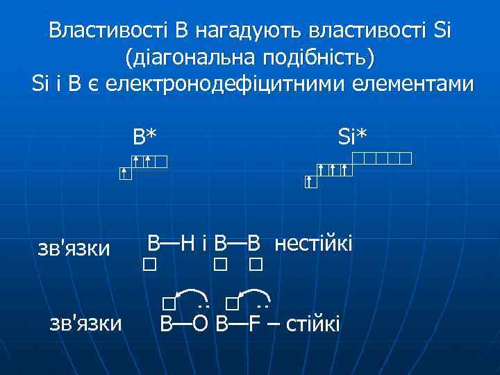 Властивості В нагадують властивості Si (діагональна подібність) Si і В є електронодефіцитними елементами В*
