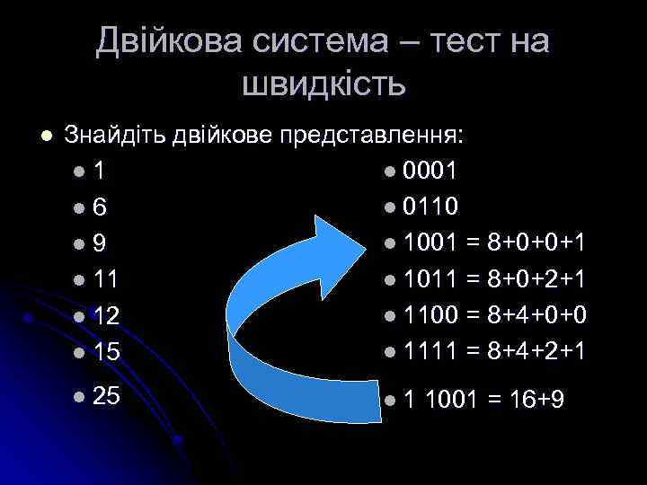 Двійкова система – тест на швидкість l Знайдіть двійкове представлення: l 0001 l 0110