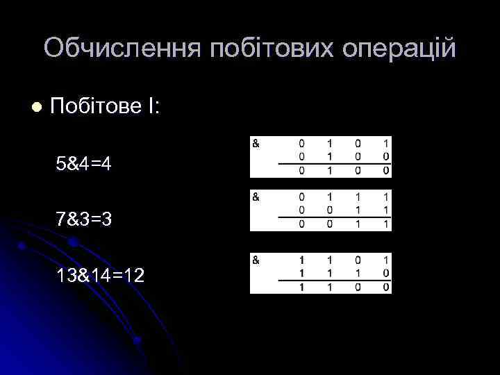 Обчислення побітових операцій l Побітове І: 5&4=4 7&3=3 13&14=12 