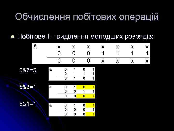 Обчислення побітових операцій l Побітове І – виділення молодших розрядів: 5& 7= 5 5&3=1