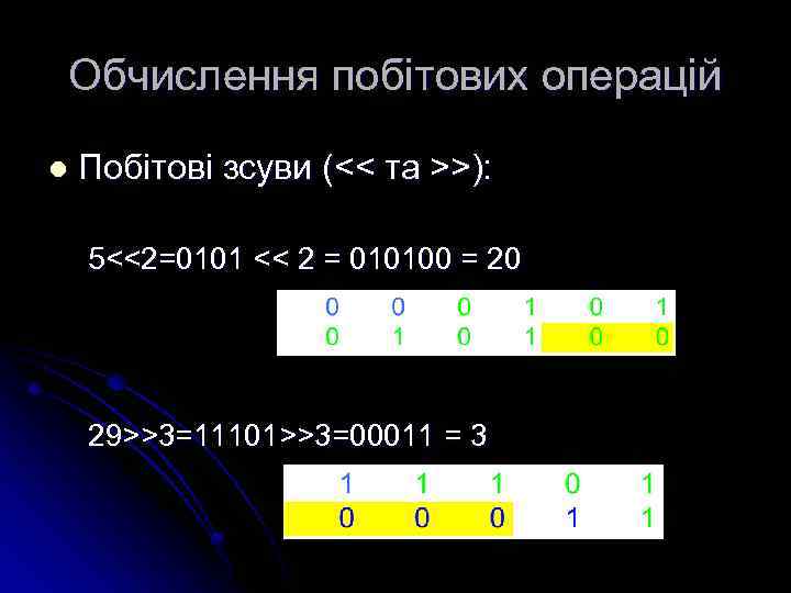 Обчислення побітових операцій l Побітові зсуви (<< та >>): 5<<2=0101 << 2 = 010100