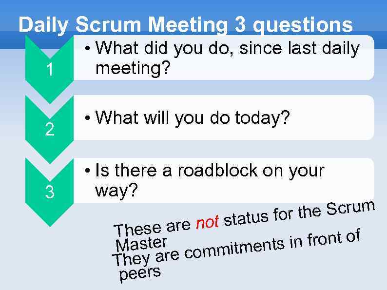 Daily Scrum Meeting 3 questions 1 2 3 • What did you do, since