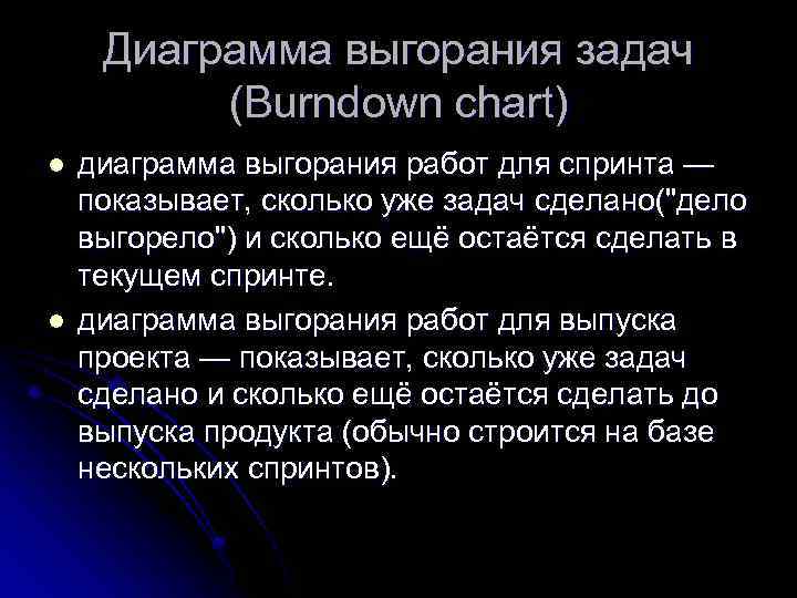 Диаграмма выгорания задач (Burndown chart) l l диаграмма выгорания работ для спринта — показывает,