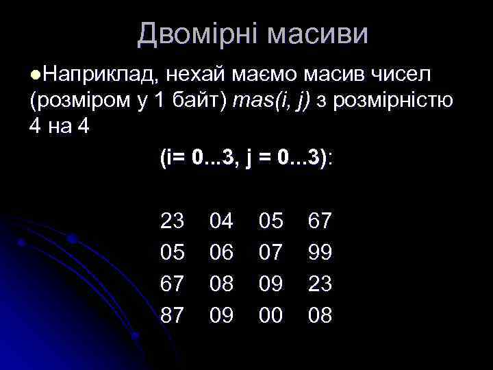 Двомірні масиви l. Наприклад, нехай маємо масив чисел (розміром у 1 байт) mas(i, j)