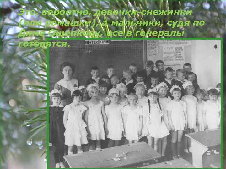 Это, вероятно, девочки-снежинки (или ромашки), а мальчики, судя по Диме Ощепкову, все в генералы