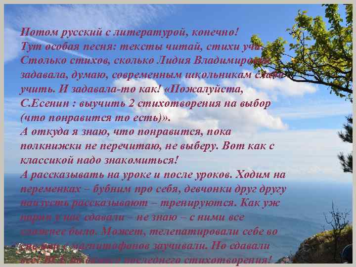 Потом русский с литературой, конечно! Тут особая песня: тексты читай, стихи учи. Столько стихов,