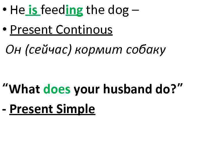  • He is feeding the dog – • Present Continous Он (сейчас) кормит