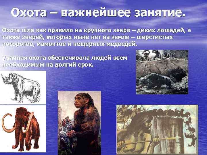 Охота – важнейшее занятие. Охота шла как правило на крупного зверя – диких лошадей,