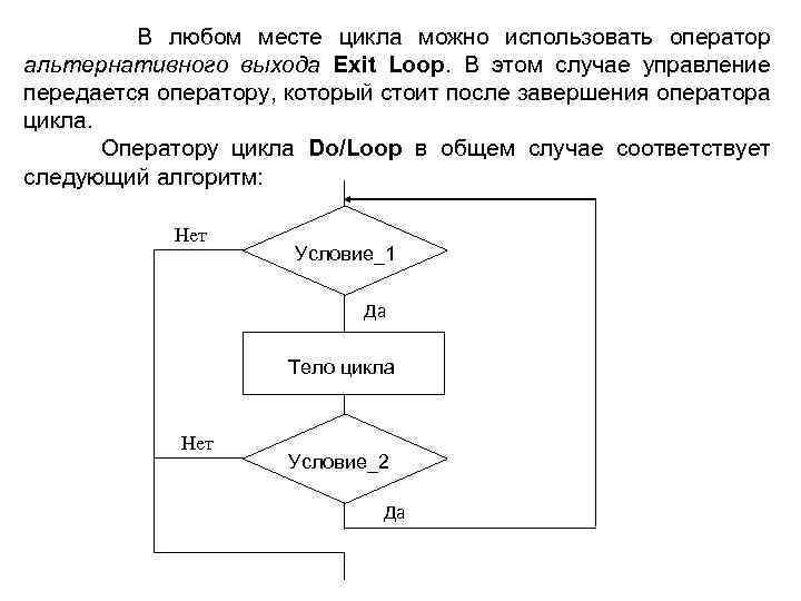  В любом месте цикла можно использовать оператор альтернативного выхода Exit Loop. В этом