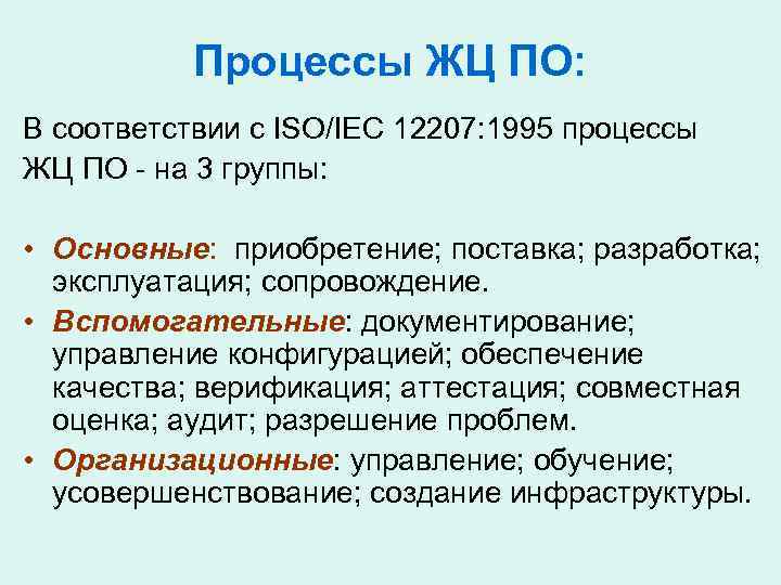 Процессы ЖЦ ПО: В соответствии с ISO/IEC 12207: 1995 процессы ЖЦ ПО - на