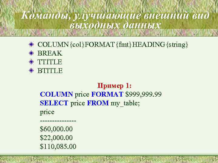 Команды, улучшающие внешний вид выходных данных COLUMN{col}FORMAT{fmt}HEADING{string} BREAK TTITLE BTITLE Пример 1: COLUMN price
