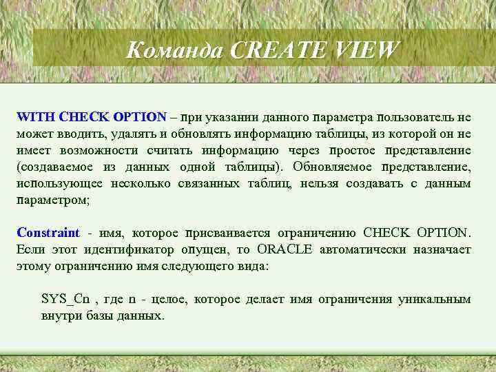 Команда CREATE VIEW WITH CHECK OPTION – при указании данного параметра пользователь не может