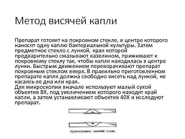 Метод висячей капли Препарат готовят на покровном стекле, в центре которого наносят одну каплю