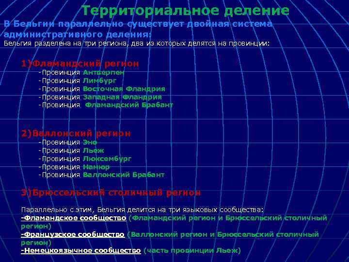  Территориальное деление В Бельгии параллельно существует двойная система административного деления: Бельгия разделена на