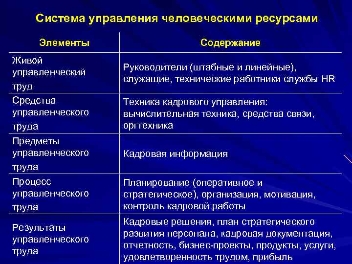 Система управления человеческими ресурсами Элементы Живой управленческий труд Средства управленческого труда Предметы управленческого труда