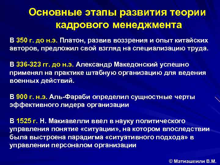 Основные этапы развития теории кадрового менеджмента В 350 г. до н. э. Платон, развив