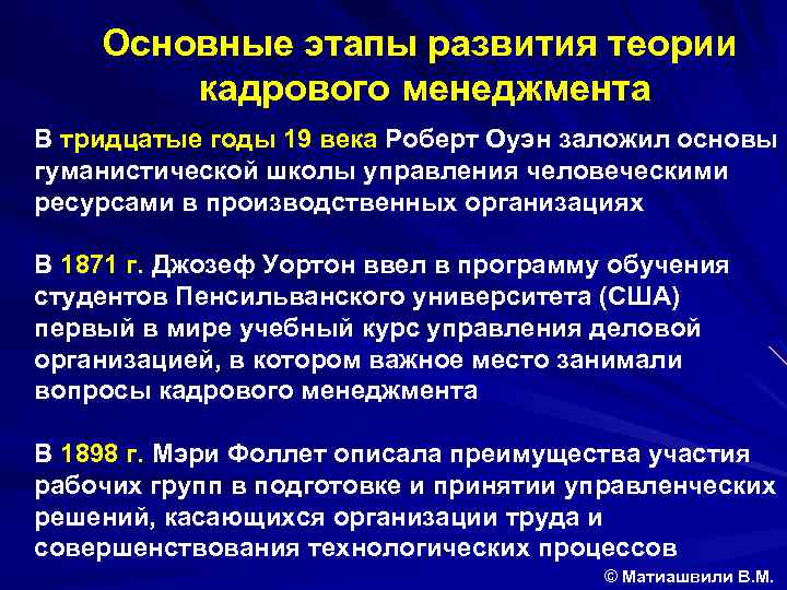 Основные этапы развития теории кадрового менеджмента В тридцатые годы 19 века Роберт Оуэн заложил