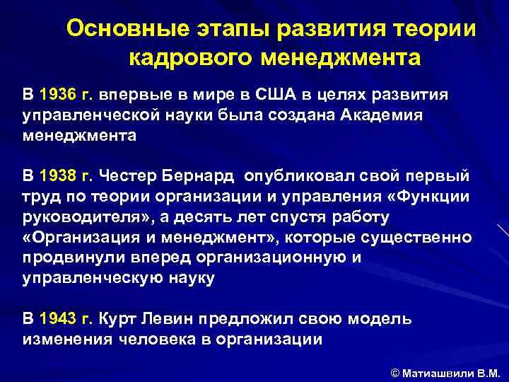 Основные этапы развития теории кадрового менеджмента В 1936 г. впервые в мире в США