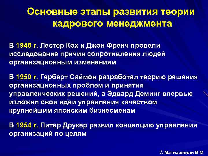 Основные этапы развития теории кадрового менеджмента В 1948 г. Лестер Кох и Джон Френч