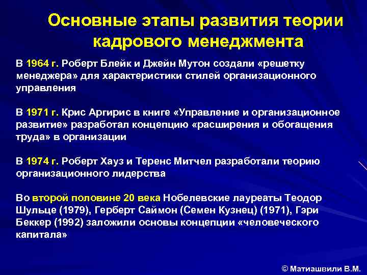 Основные этапы развития теории кадрового менеджмента В 1964 г. Роберт Блейк и Джейн Мутон