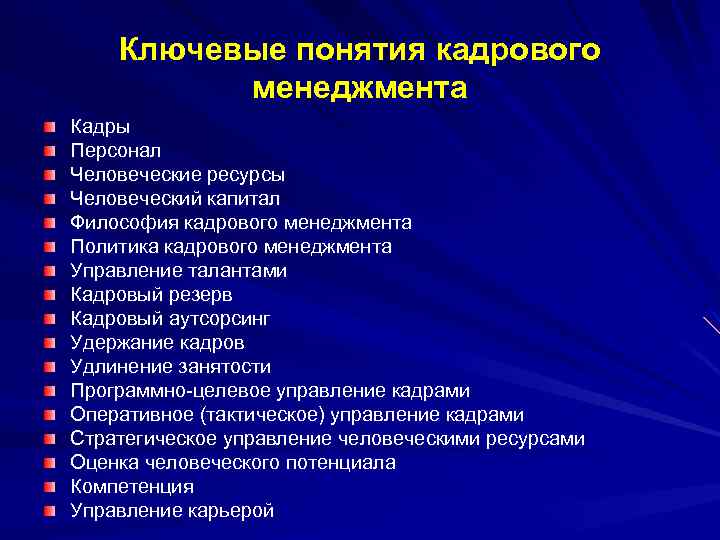 Ключевые понятия кадрового менеджмента Кадры Персонал Человеческие ресурсы Человеческий капитал Философия кадрового менеджмента Политика
