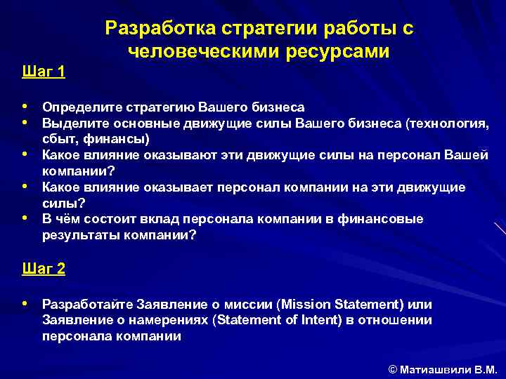 Разработка стратегии работы с человеческими ресурсами Шаг 1 • Определите стратегию Вашего бизнеса •