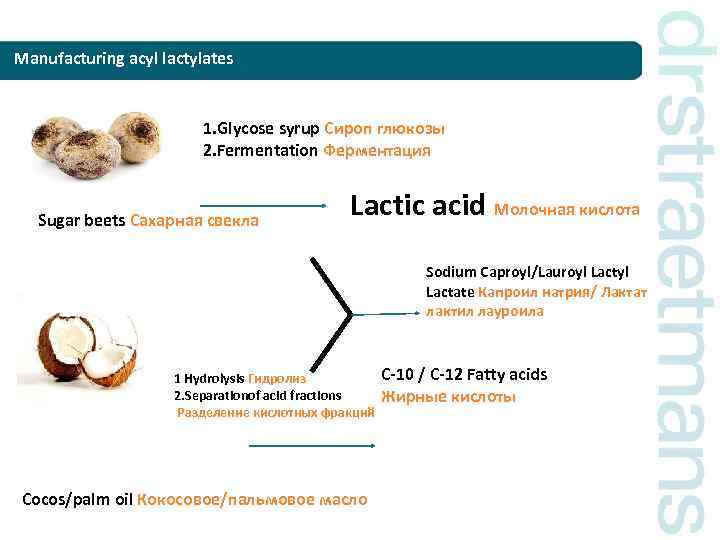 Manufacturing acyl lactylates 1. Glycose syrup Сироп глюкозы 2. Fermentation Ферментация Sugar beets Сахарная