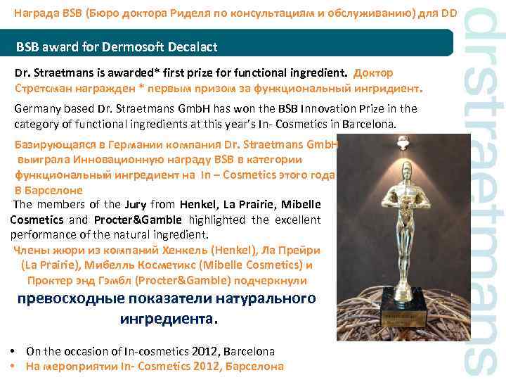 Награда BSB (Бюро доктора Риделя по консультациям и обслуживанию) для DD BSB award for