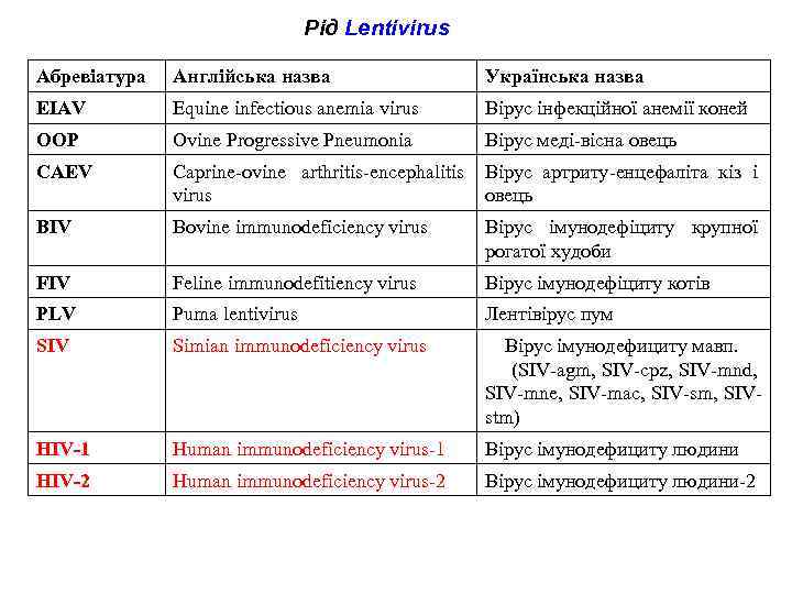 Рід Lentivirus Абревіатура Англійська назва Українська назва EIAV Equine infectious anemia virus Вірус інфекційної