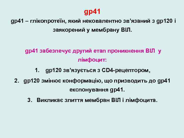 gp 41 – глікопротеїн, який нековалентно зв’язаний з gp 120 і заякорений у мембрану